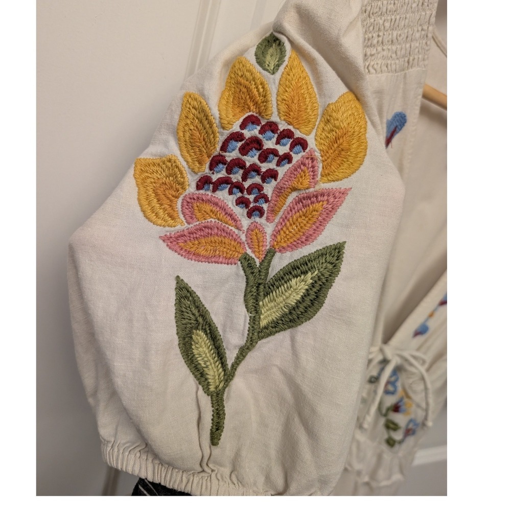Farm Rio Cream‎ Floral Embroidered Linen Blend Romper V-Neck Puff Sleeve Boho - Picture 9 of 10